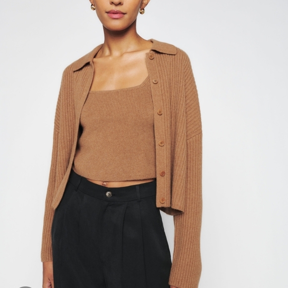 Reformation Frida Rib Knit Recycled Cashmere Collared Cardigan Black S - Picture 4 of 15